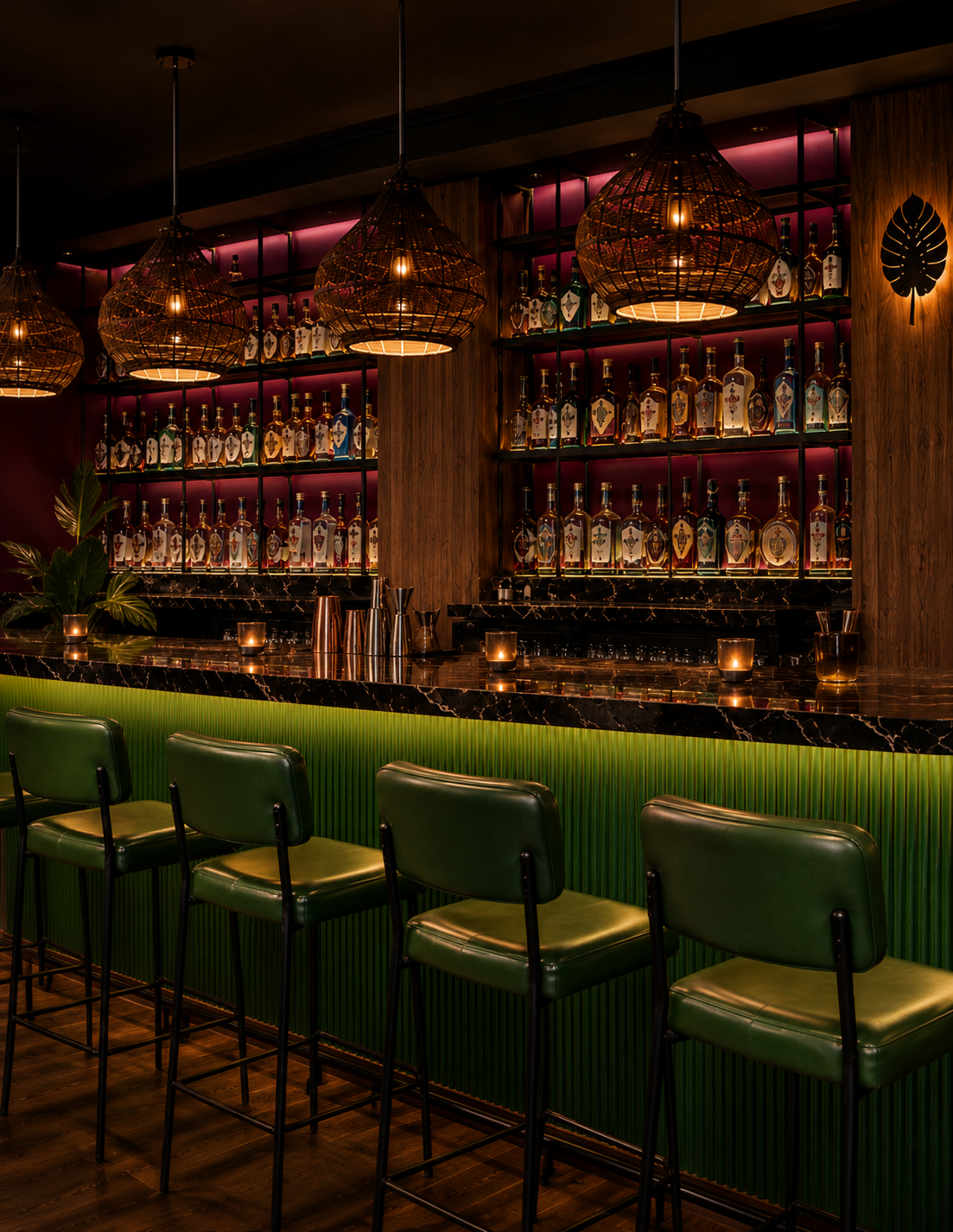 Casa Felix bar with warm lighting, tiled details, and rows of bottles.