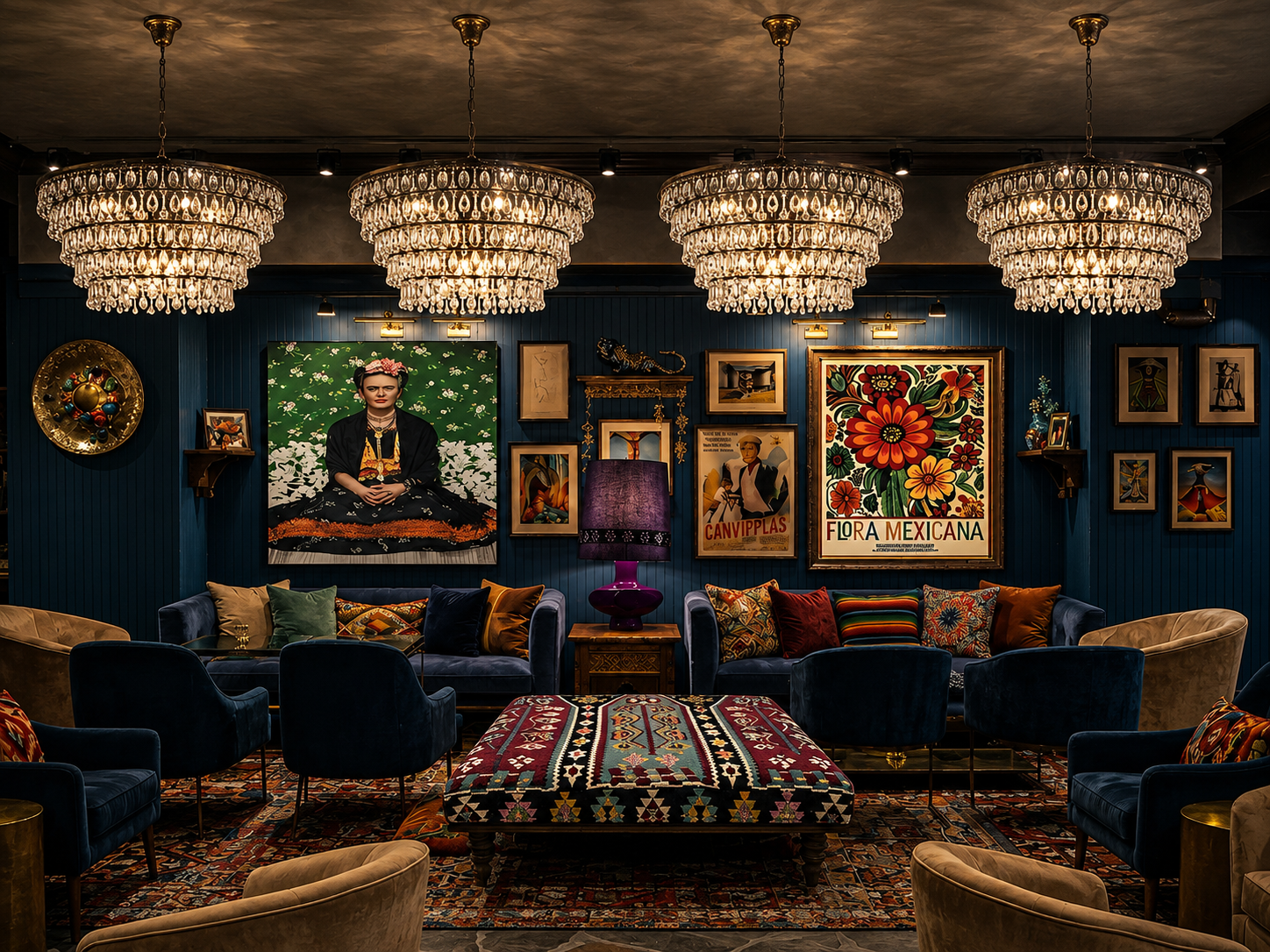 Casa Felix lounge seating with patterned upholstery and intimate dining room lighting.