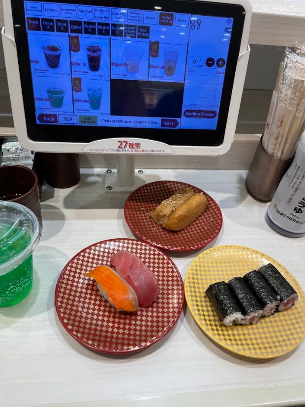 a desk with a plate of food on a table