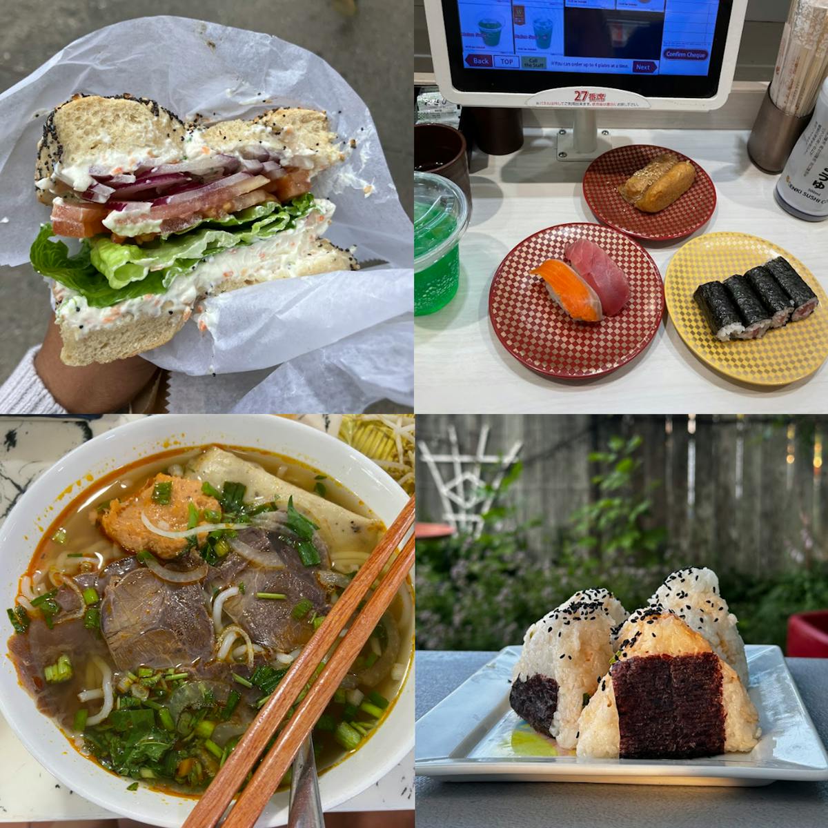 4 image collage, bagel w/ lox, sushi, pho, and onigiri