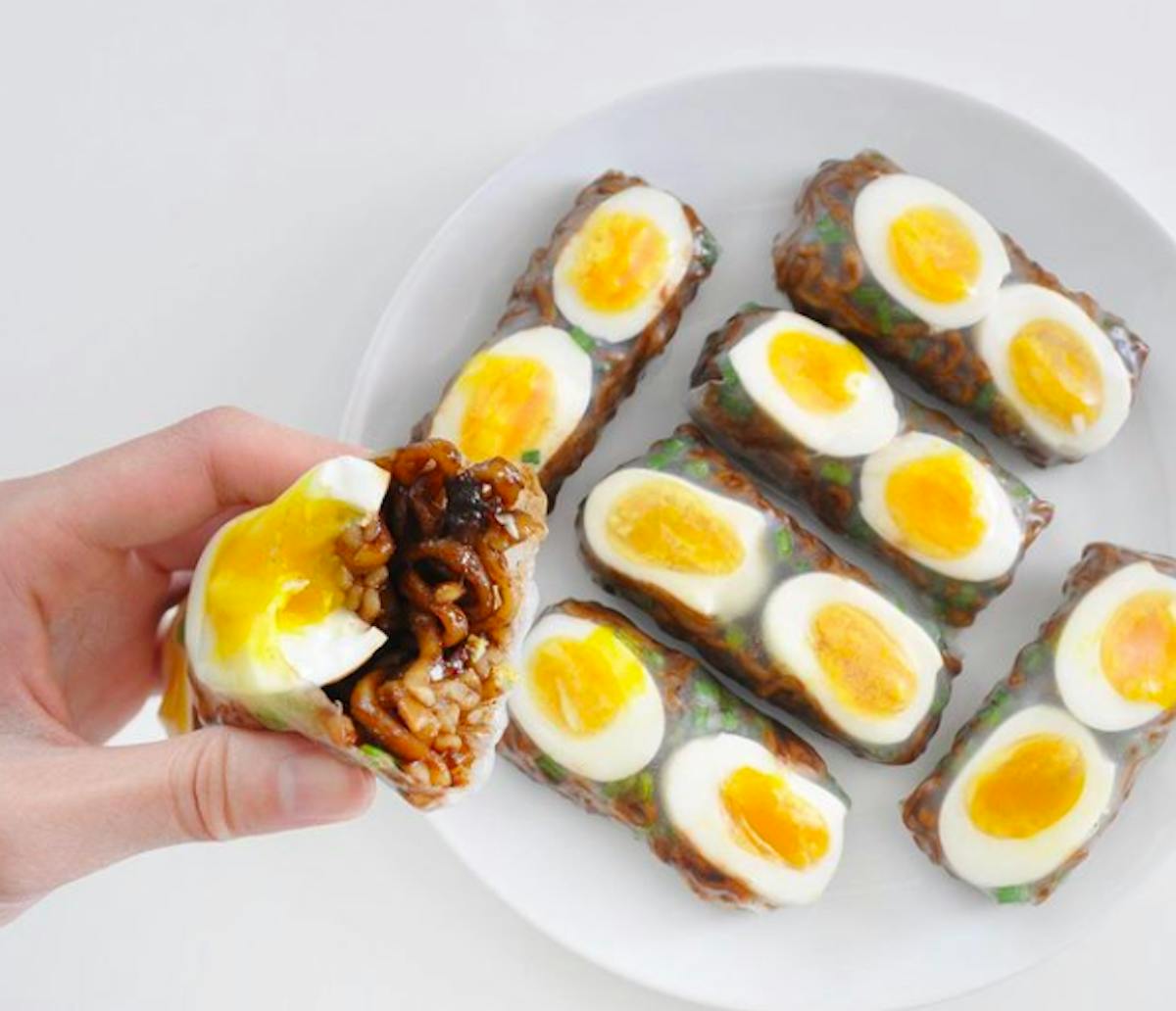 a plate of food with a banana on a table