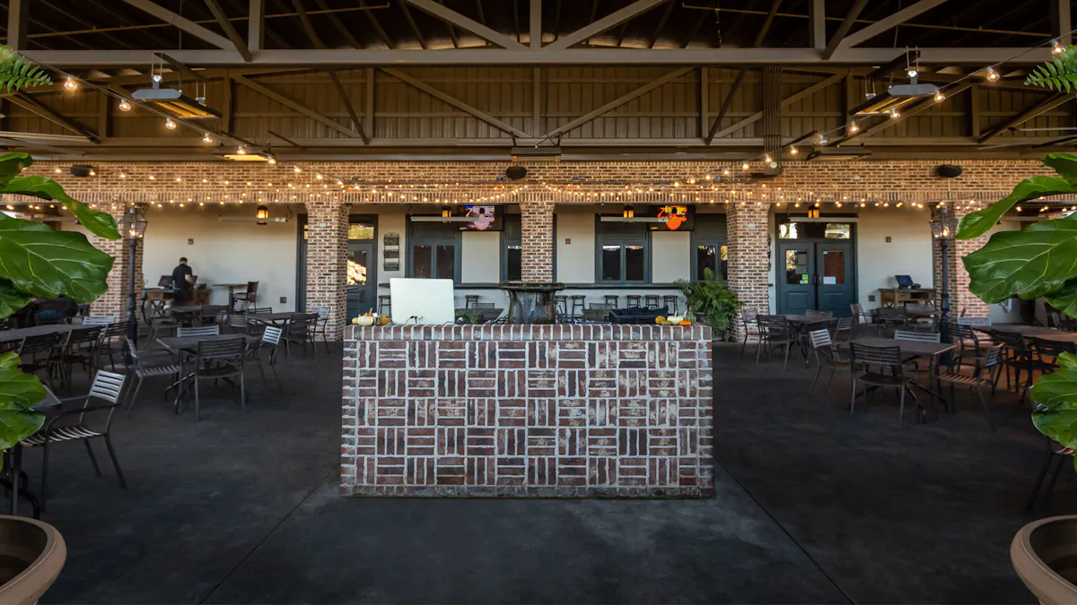 a dining room table in front of a building