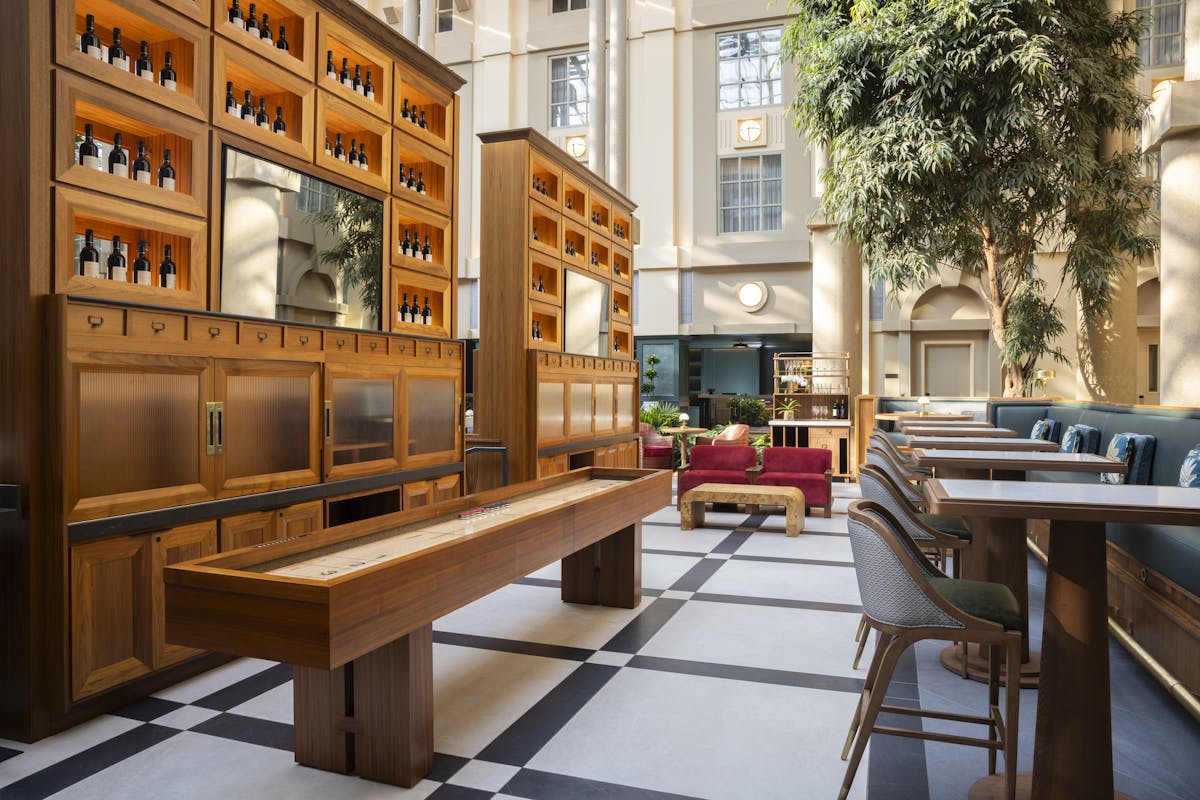 a room filled with furniture and a bench