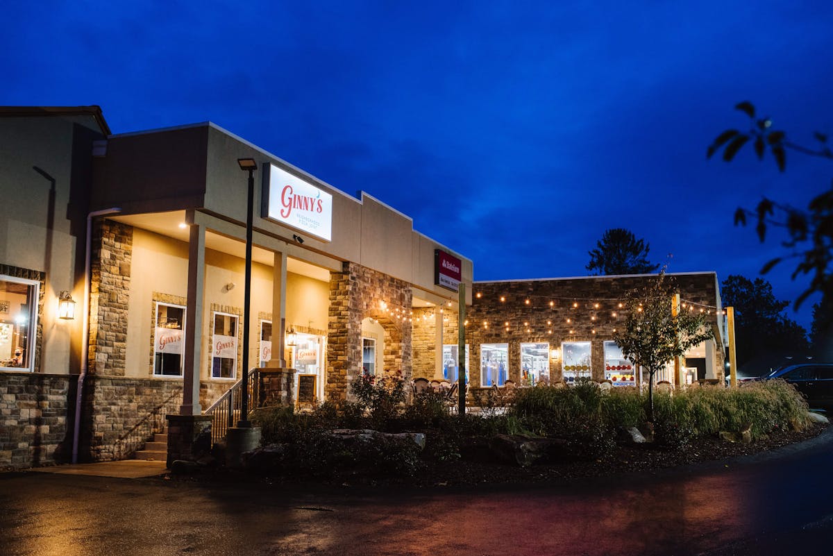 a store front at night