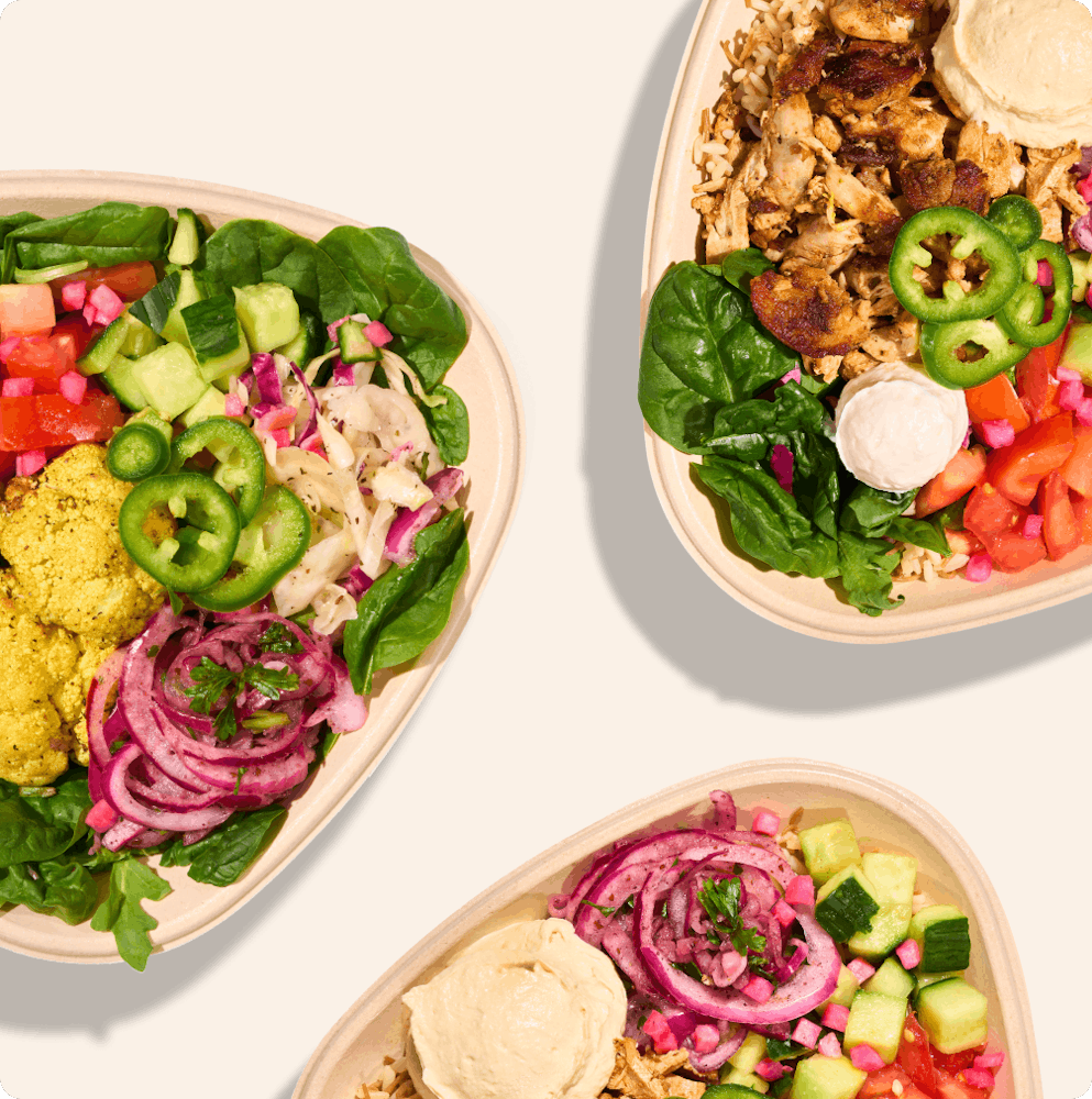 Naya bowls with different proteins and toppings