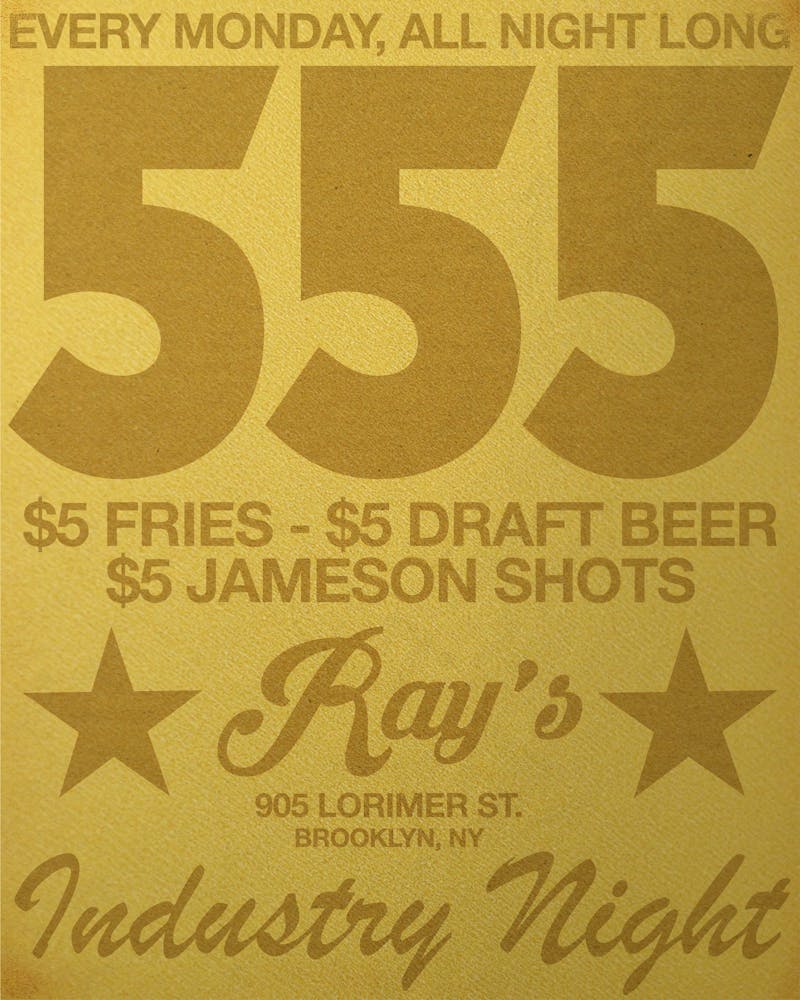 EVERY monday is industry night with our 555 special. $5 fries, draft beer, and jameson shots