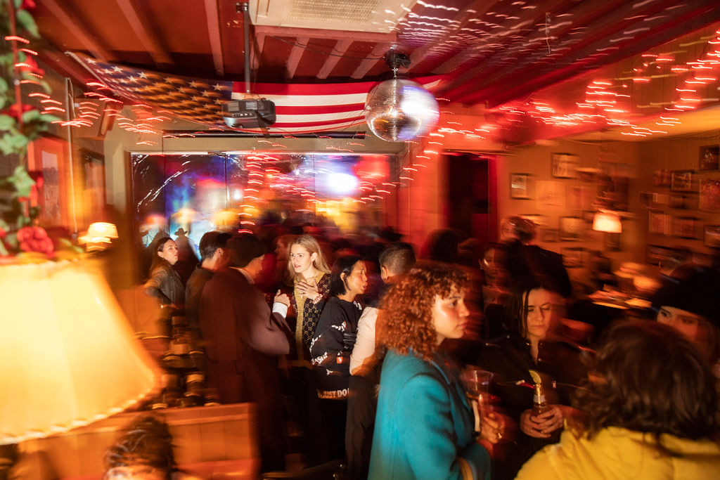 a group of people in a restaurant