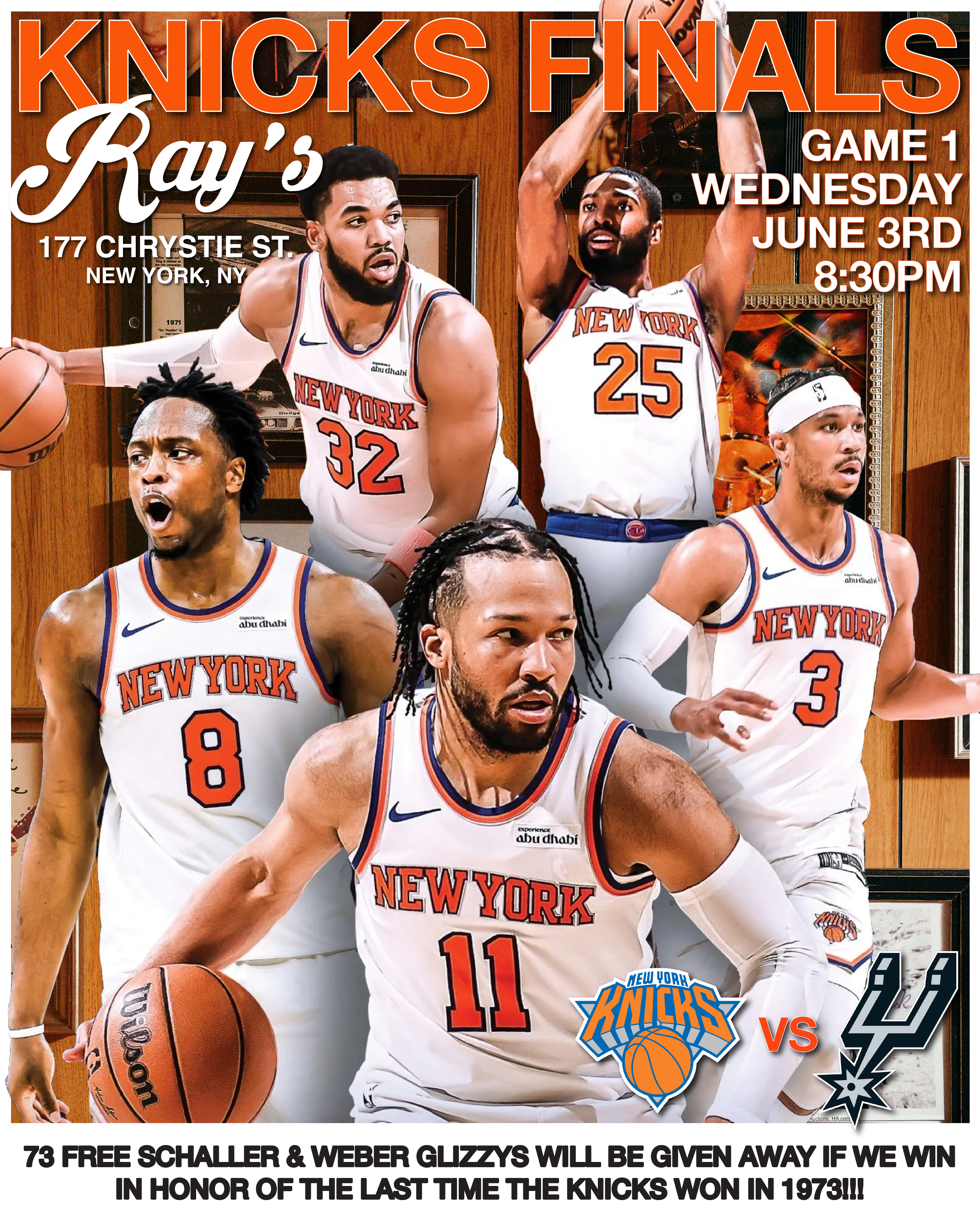 Knicks finals this Wednesday 8:30  73 free schaller & weber glizzys  will be given away if we win  in honor of the last time    the knicks won in 1973!