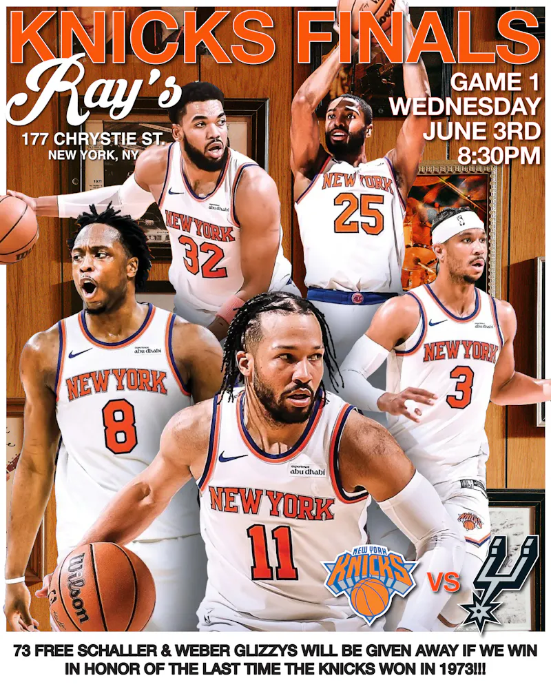 Knicks finals this Wednesday 8:30 73 free schaller & weber glizzys will be given away if we win in honor of the last time the knicks won in 1973!