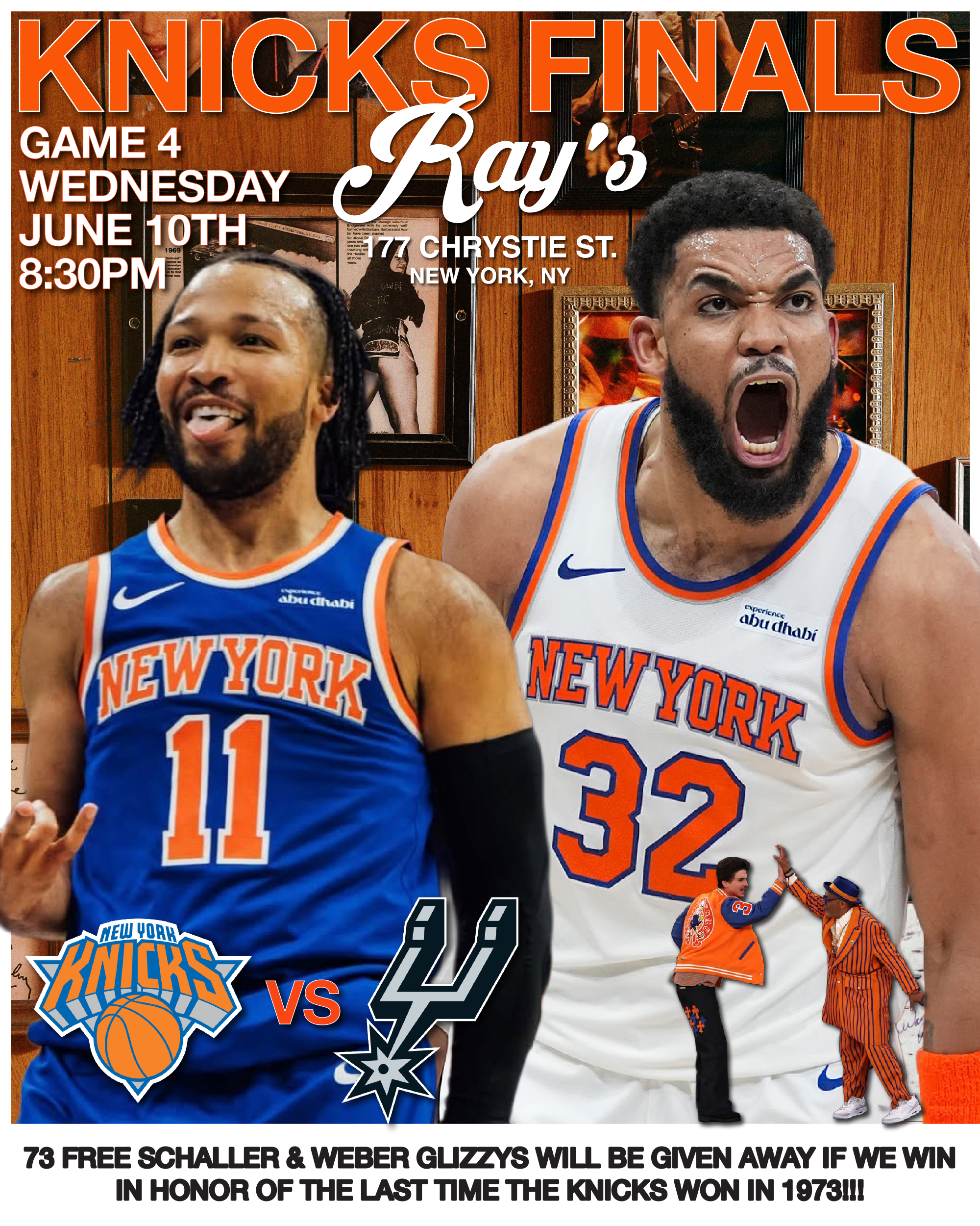 Knicks finals this Wednesday 8:30  73 free schaller & weber glizzys  will be given away if we win  in honor of the last time    the knicks won in 1973!