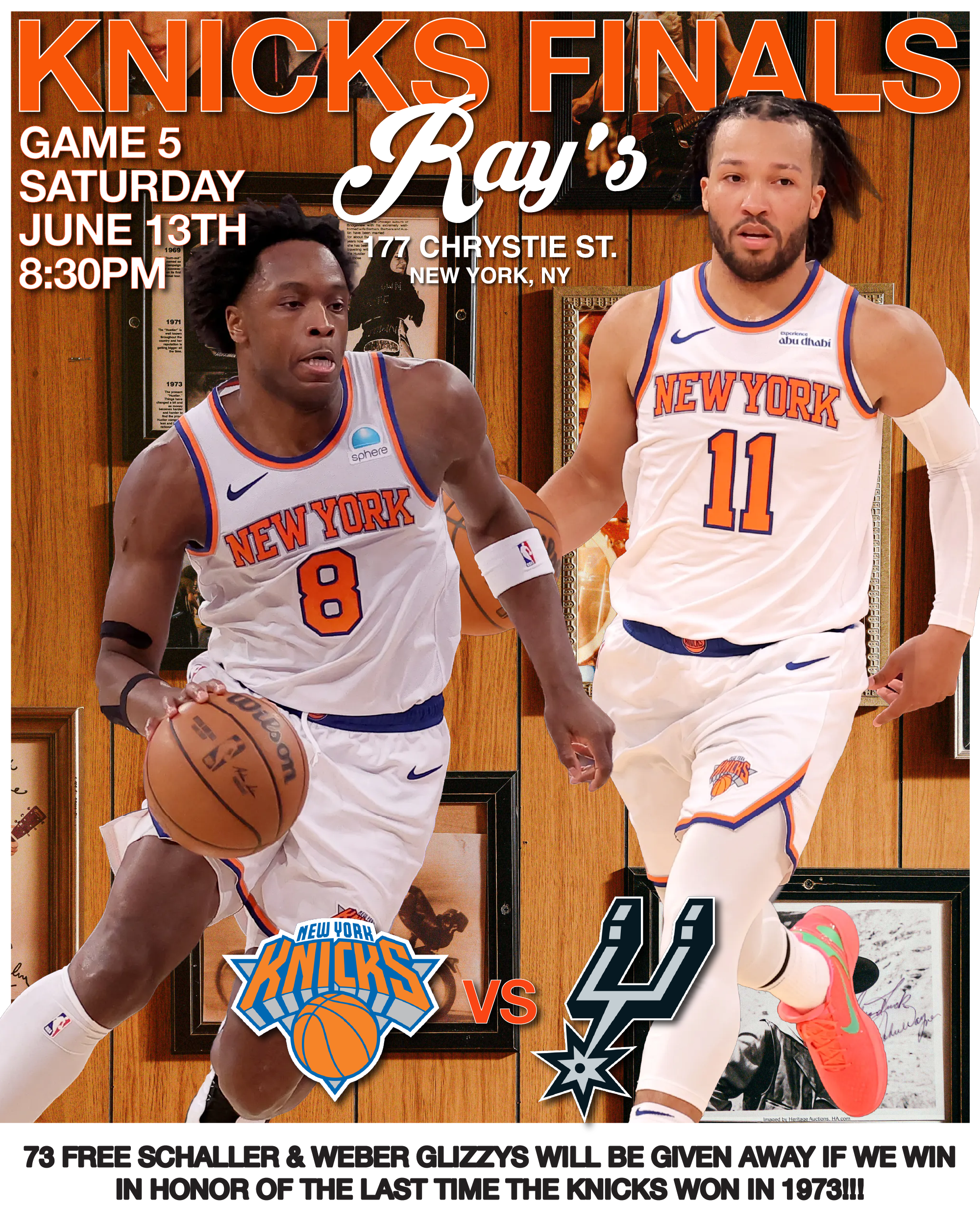 Knicks finals this Saturday 8:30  73 free schaller & weber glizzys  will be given away if we win  in honor of the last time    the knicks won in 1973!