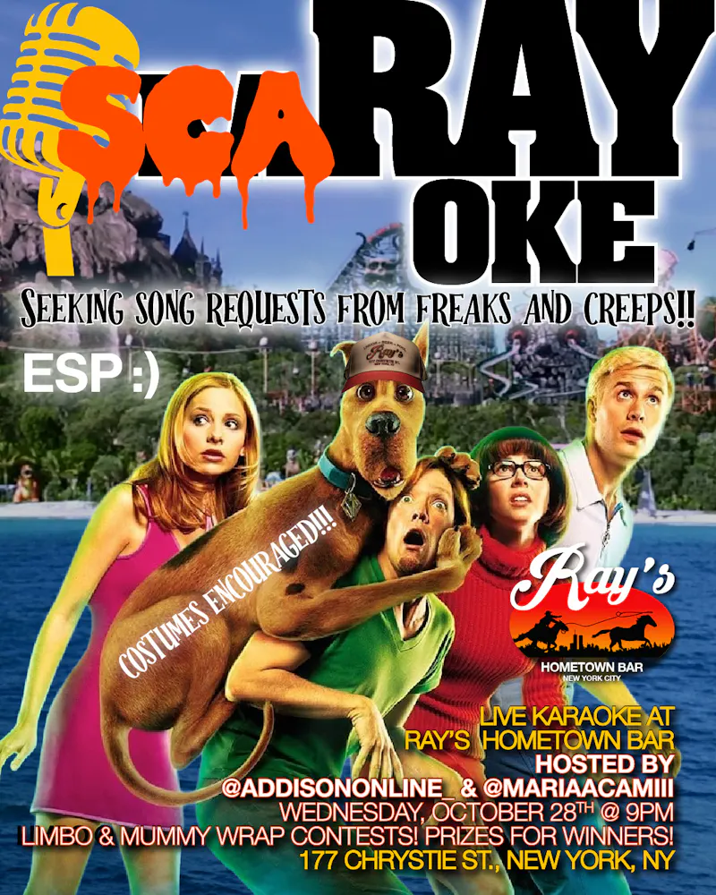 scaRayoke 10.28 @ 9PM Hosts: @mariaacamiii and @addisononline_ Seeking song requests from freaks and creeps Limbo & Mummy Wrap Contests! Special Prize for winners!