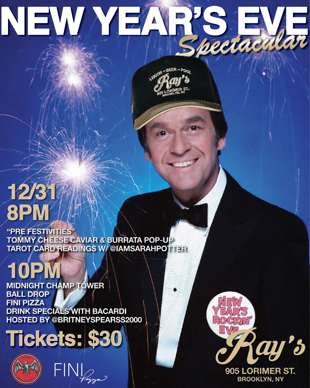 NYE PLANS? WE GOT YOU  PRE-FESTIVITIES FEATURING   TOMMY CHEESE CAVIAR & BURRATA POP-UP, TAROT CARD READINGS W/ @IAMSARAHPOTTER    DRINK SPECIALS WITH BACARDI, AND FINI PIZZA!   JOIN US AT 10PM FOR THE   MIDNIGHT CHAMP TOWER AND THE BALL DROP  HOSTED BY @BRITNEYSPEARSS2000!Tickets here