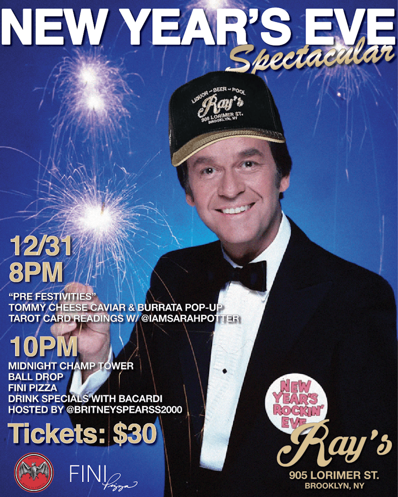 NYE PLANS? WE GOT YOU PRE-FESTIVITIES FEATURING TOMMY CHEESE CAVIAR & BURRATA POP-UP, TAROT CARD READINGS W/ @IAMSARAHPOTTER DRINK SPECIALS WITH BACARDI, AND FINI PIZZA! JOIN US AT 10PM FOR THE MIDNIGHT CHAMP TOWER AND THE BALL DROP HOSTED BY @BRITNEYSPEARSS2000!Tickets here