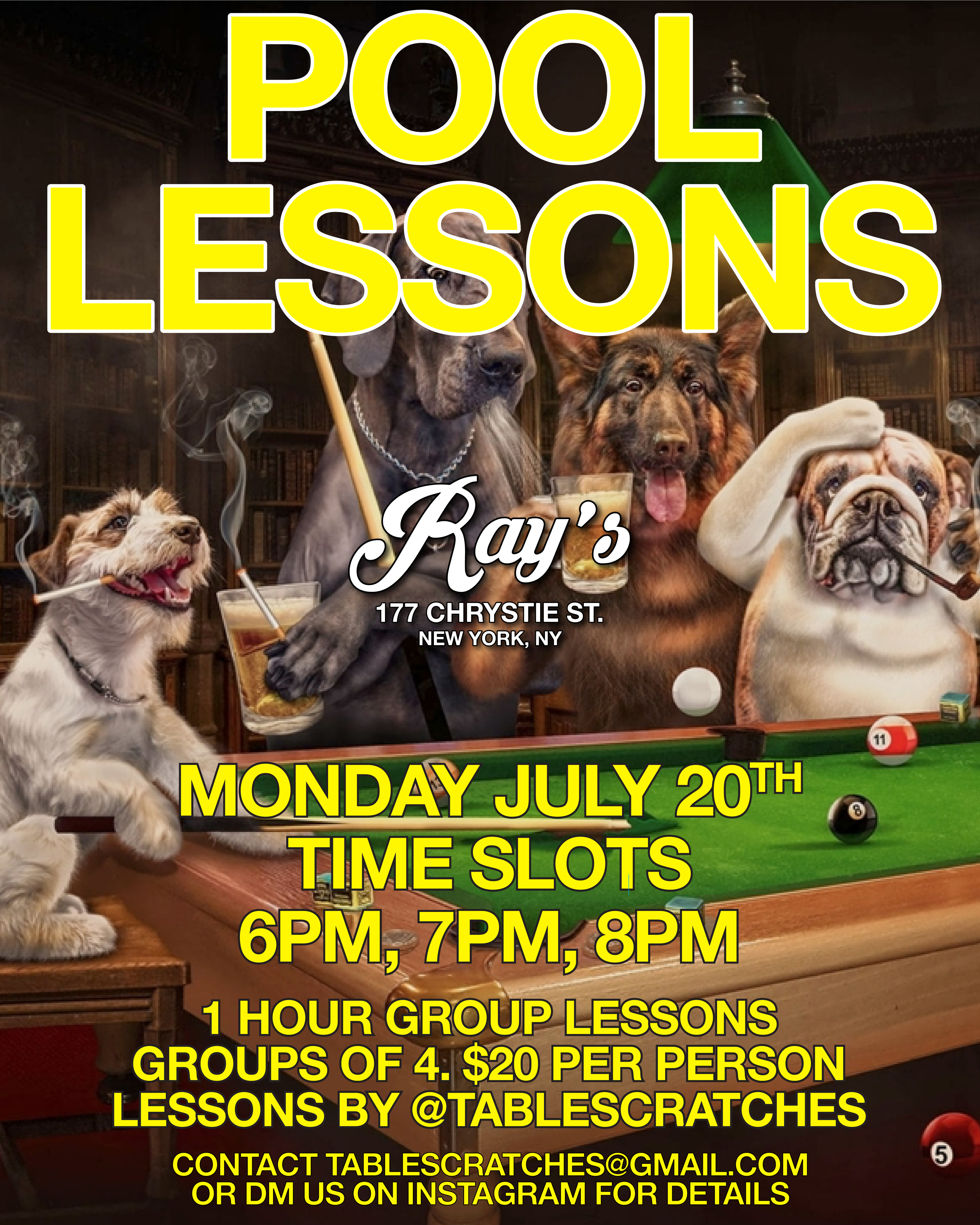 Pool Lessons  Monday July 20th   Time Slots: 6PM, 7PM, 8PM  1 Hour Group Lessons, Groups of 4.   $20 Per Person Lessons by   @tablescratches  contact tablescratches@gmail.com or   DM us on instagram for details
