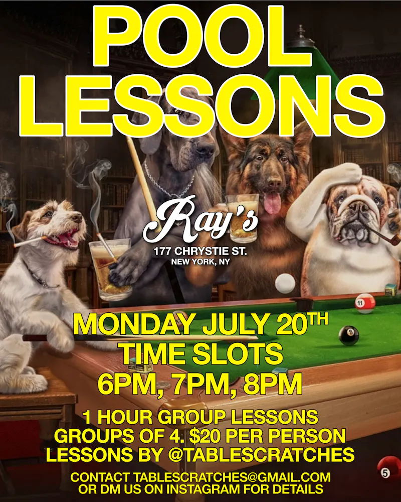 Pool Lessons Monday July 20th Time Slots: 6PM, 7PM, 8PM 1 Hour Group Lessons, Groups of 4. $20 Per Person Lessons by @tablescratches contact tablescratches@gmail.com or DM us on instagram for details