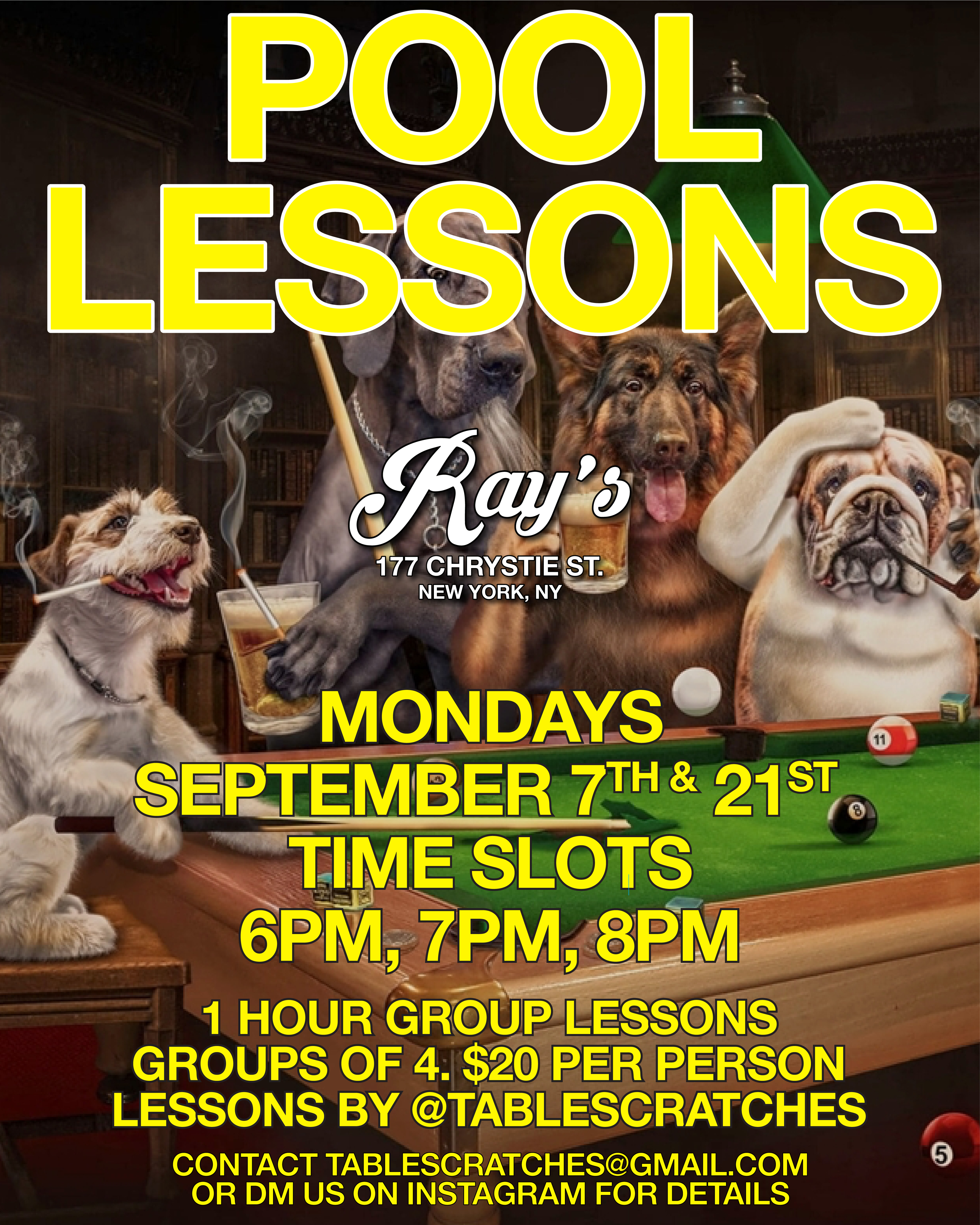 pool lessons by @tablescratches  Mondays september 7th & 21st   6pm, 7pm & 8pm  1 hour lessons for groups of 4   $20 per person  sign up - tablescrathces@gmail.com  or md us on instagram for details