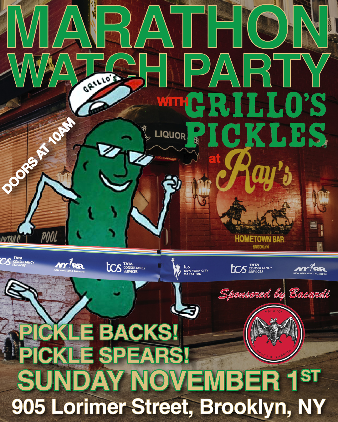 MARATHON WATCH PARTY   w/ Grillos Pickles  10AM on 11/1  Picklebacks!  Picklespears!