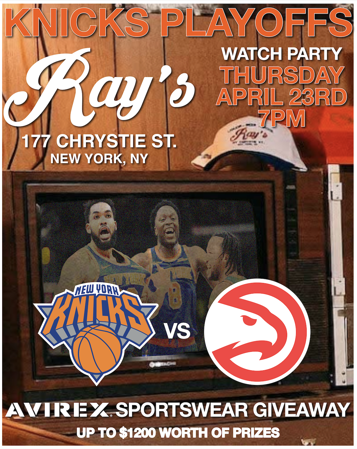 knicks playoff watch party   Thursday 4/23 at 7 pm   sportswear giveaway from avirex  (up to $1,200 worth of prizes!)