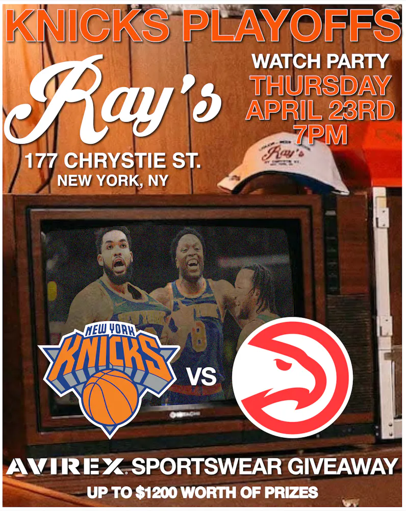 knicks playoff watch party Thursday 4/23 at 7 pm sportswear giveaway from avirex (up to $1,200 worth of prizes!)