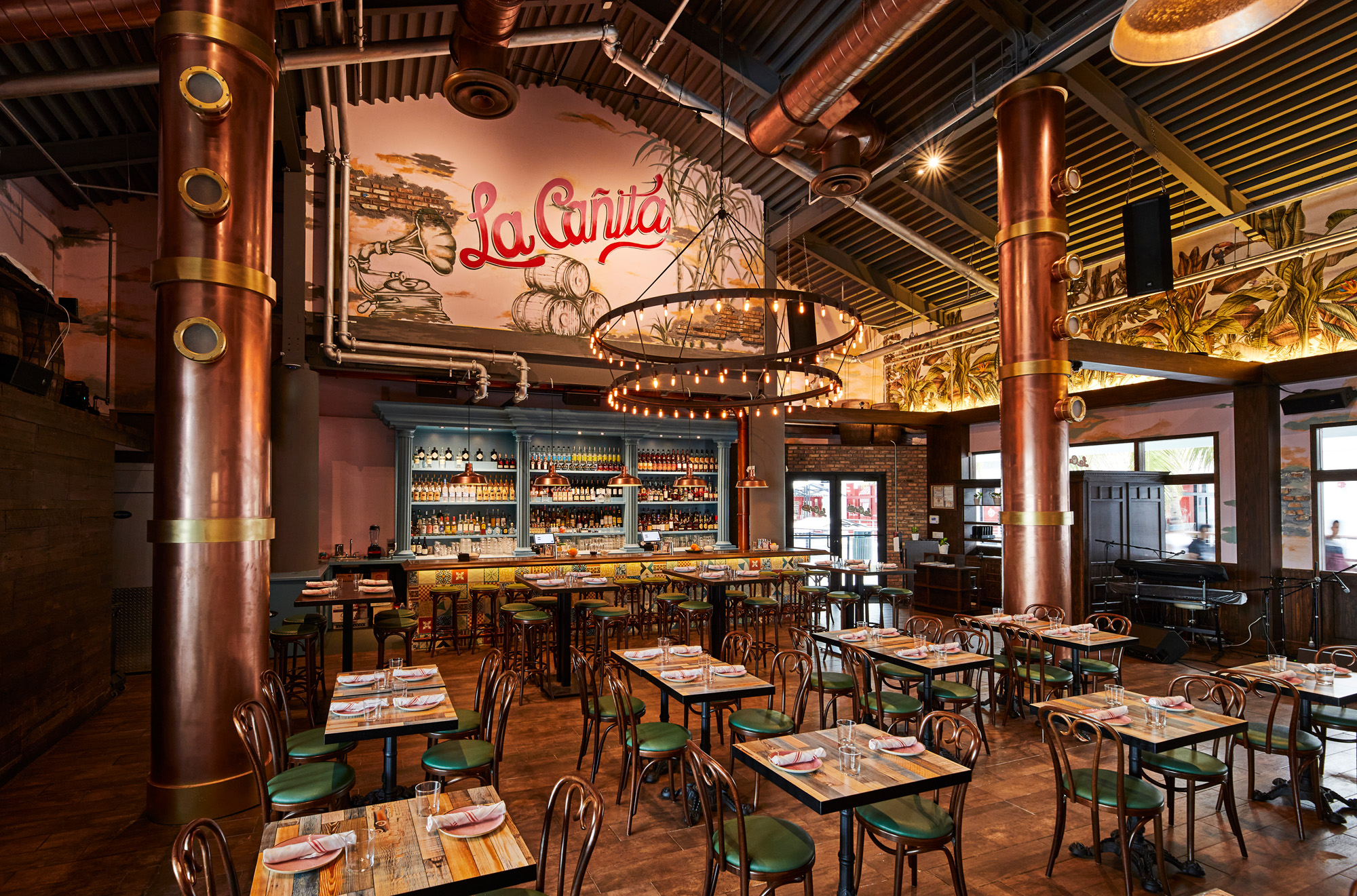 a dining room table in front of a building