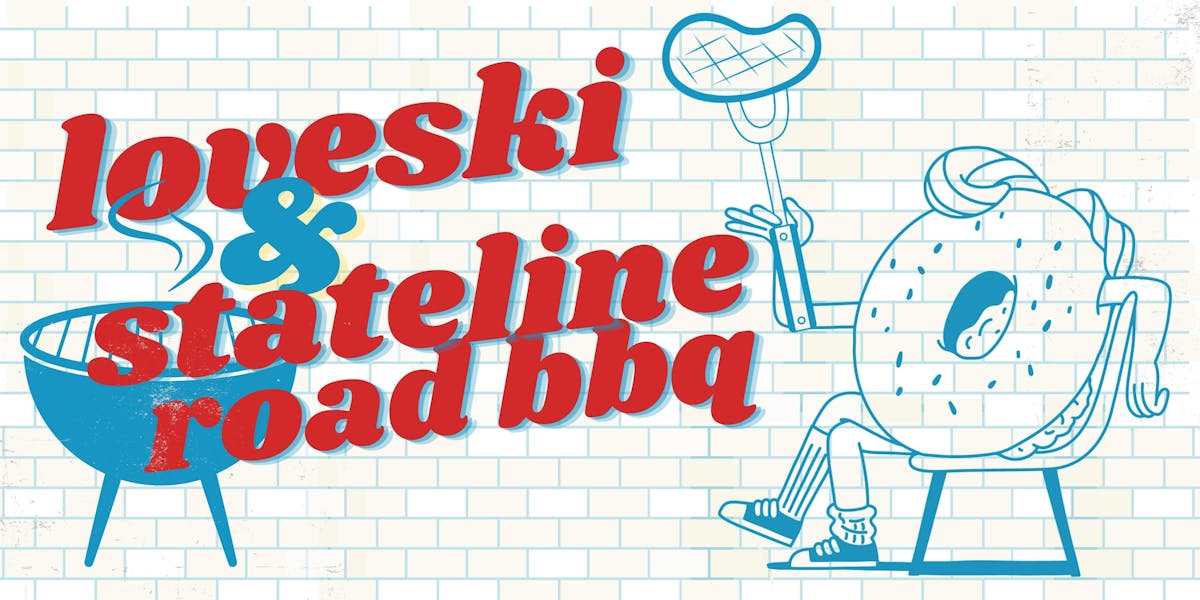 text to read loveski x stateline bbq with bagel guy holding a steak