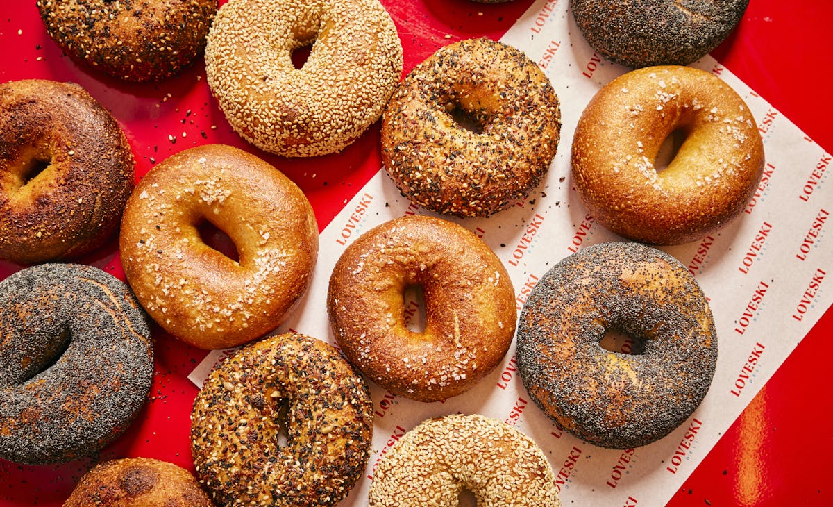 loveski bagels spread out for breakfast at the oxbow