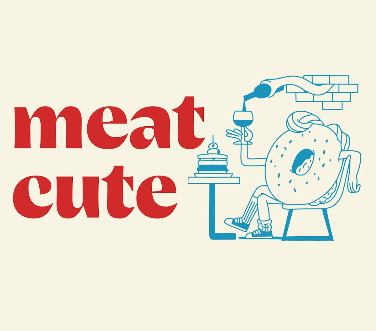 meat cute graphic with bagel guy holding a glass of wine