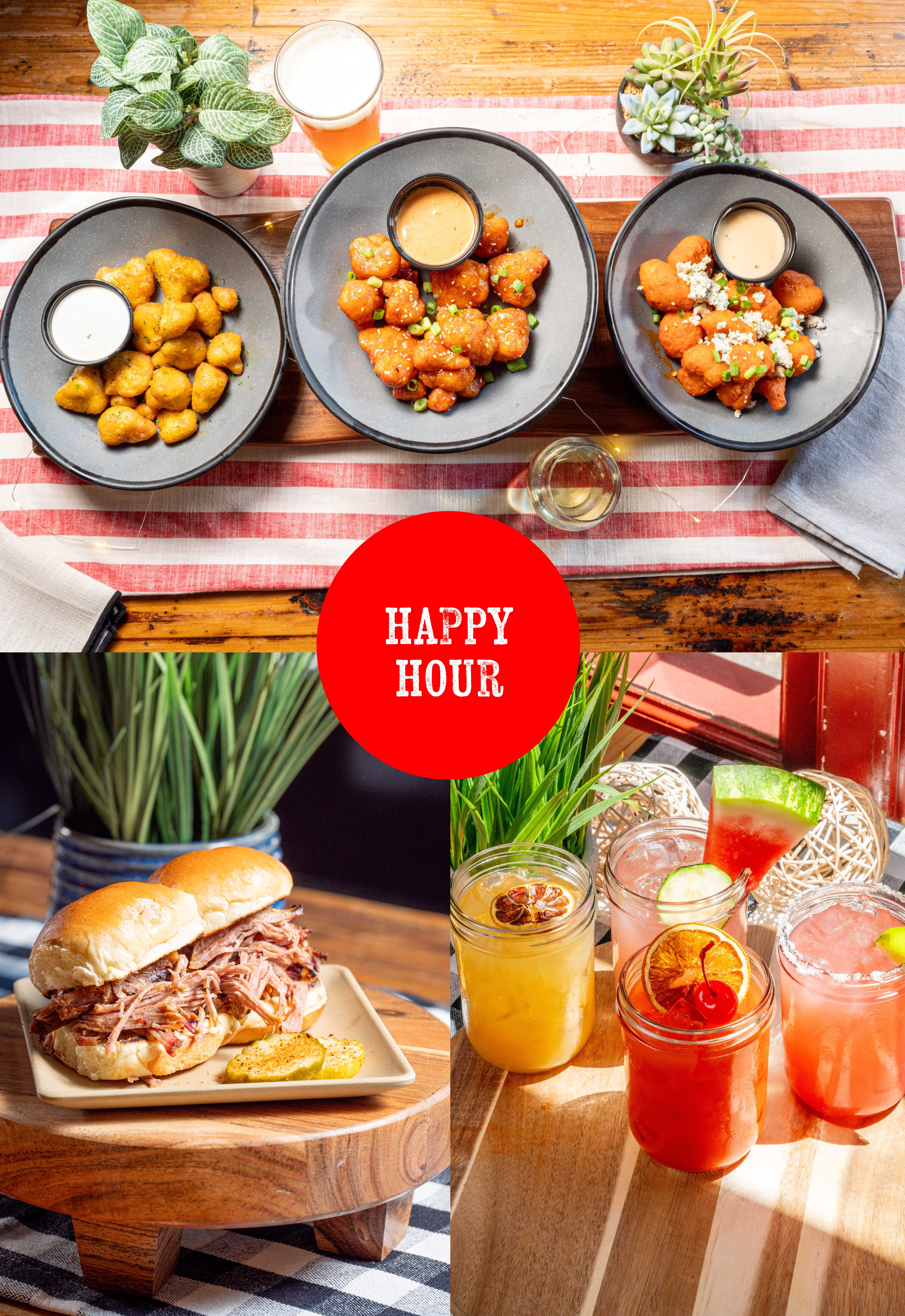 three images showing happy hour options. image one is cauliflower wings, image 2 is pulled pork sliders, and image 3 is four fruit drinks 