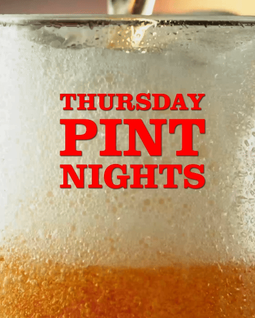Animated GIF of a pint of beer being poured, with bold text overlay reading 'Thursday Pint Nights'—promoting weekly drink specials at Sauced BBQ & Spirits.