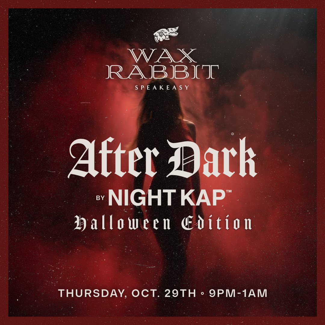 Wax Rabbit’s After Dark Halloween Edition flyer with red fog, a silhouetted woman and cobwebs. October 29, 9 PM–1 AM, featuring house music all night.