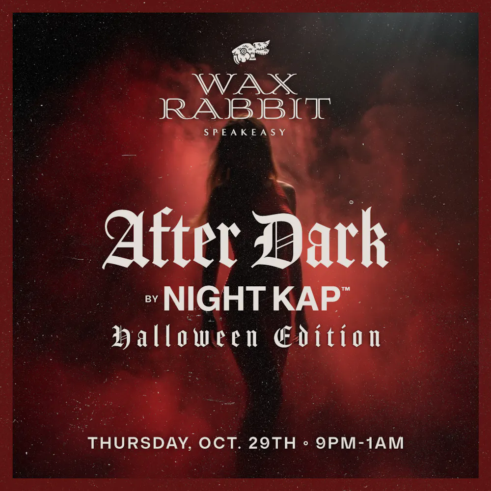 Wax Rabbit’s After Dark Halloween Edition flyer with red fog, a silhouetted woman and cobwebs. October 29, 9 PM–1 AM, featuring house music all night.