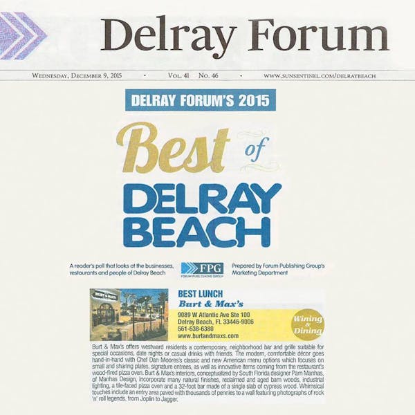 Burt Amp Max S Named Best Lunch By Delray Forum Rapoport S