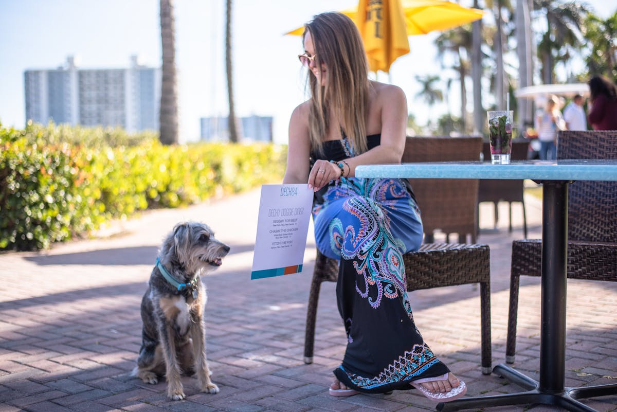 a woman sitting on a bench with a dog