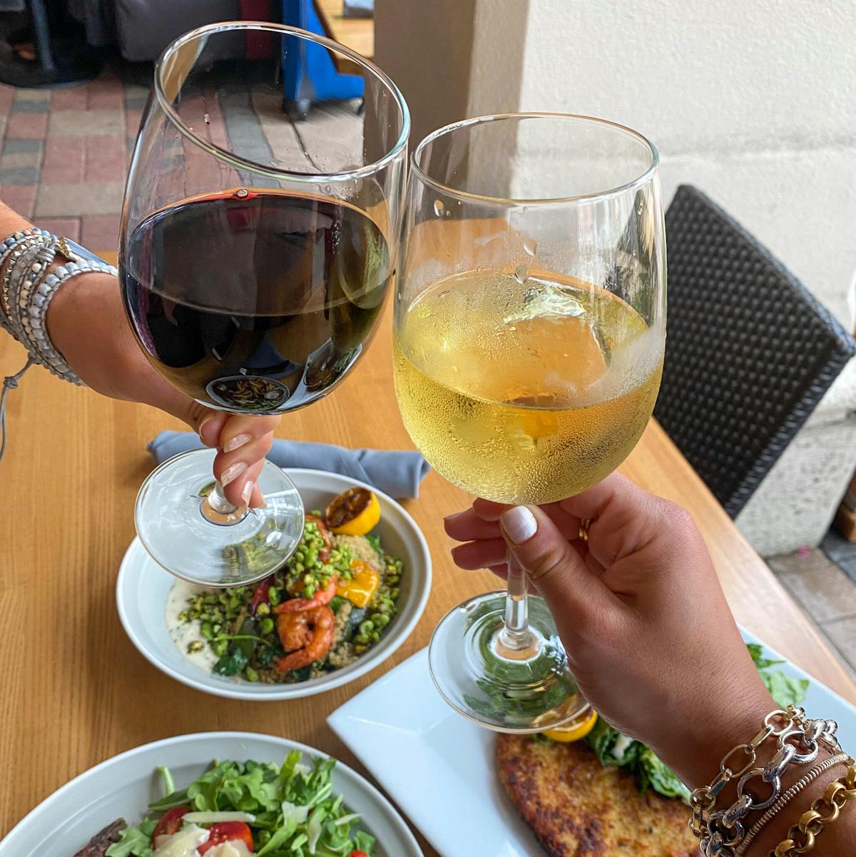a plate of food and glasses of wine on a table