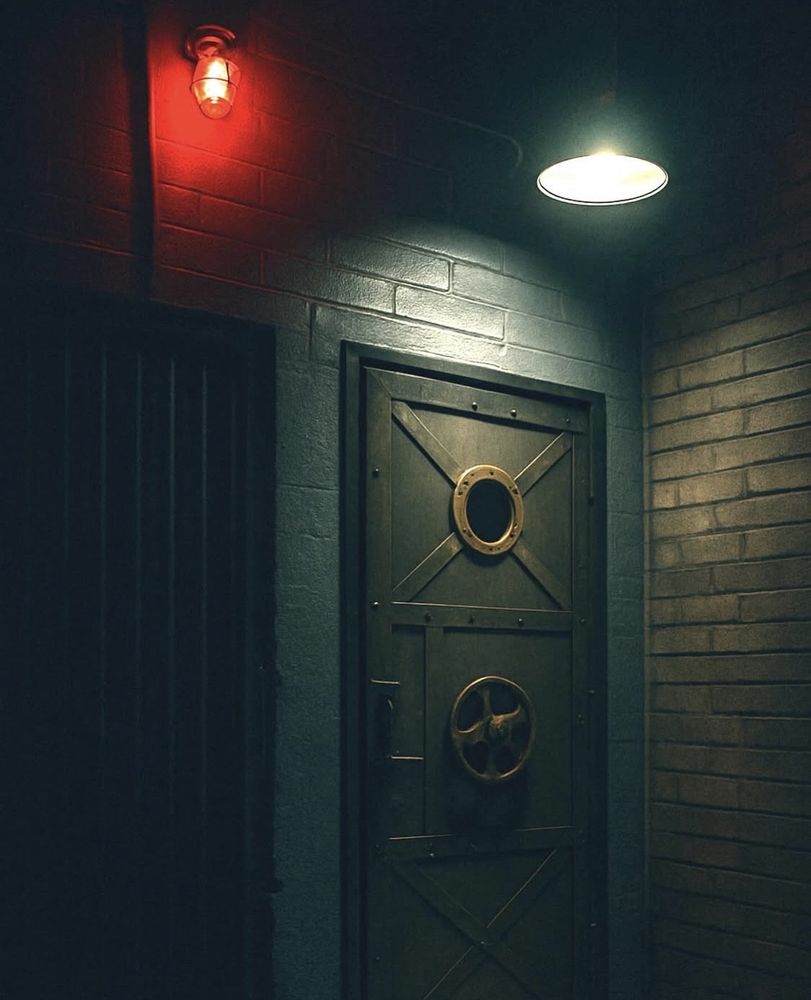 a door with a round porthole