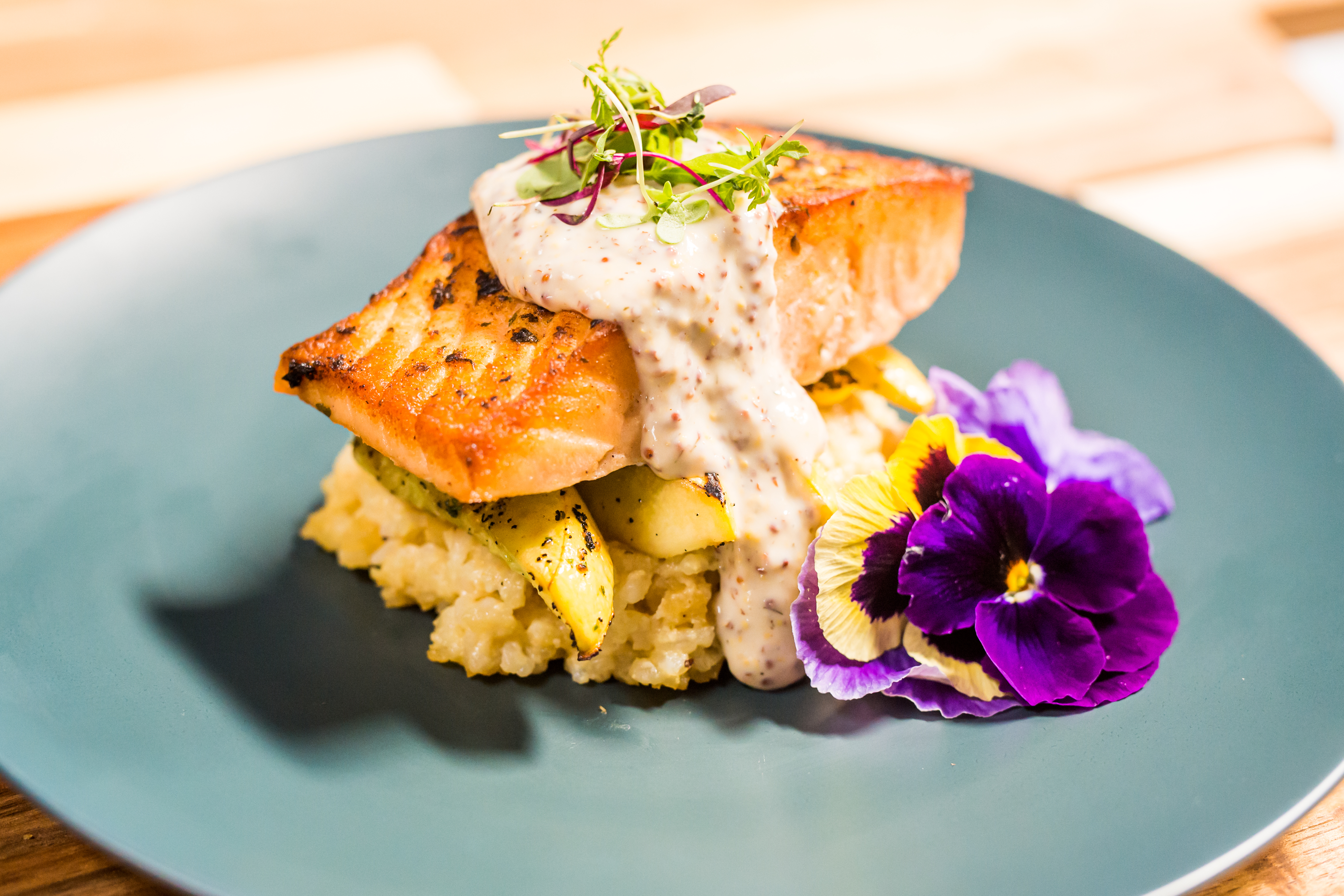 a plate of food with flowers