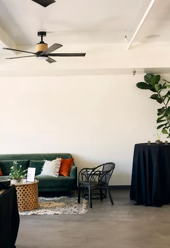 a room with a couch and a fan