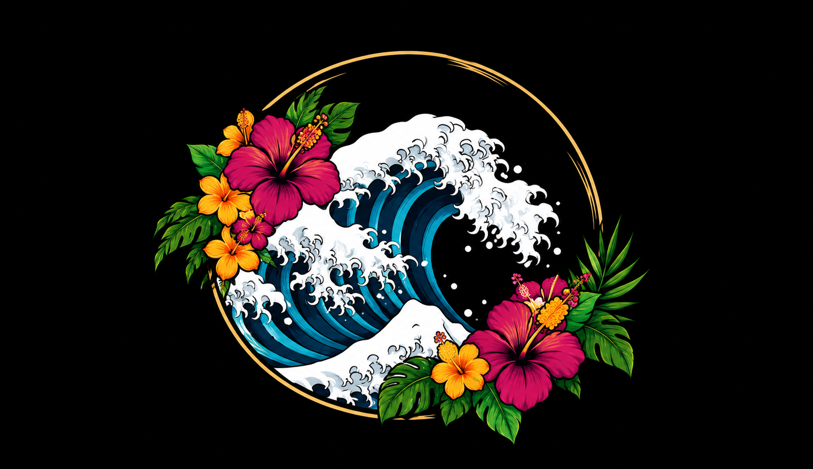 a flower and leaves with waves and waves