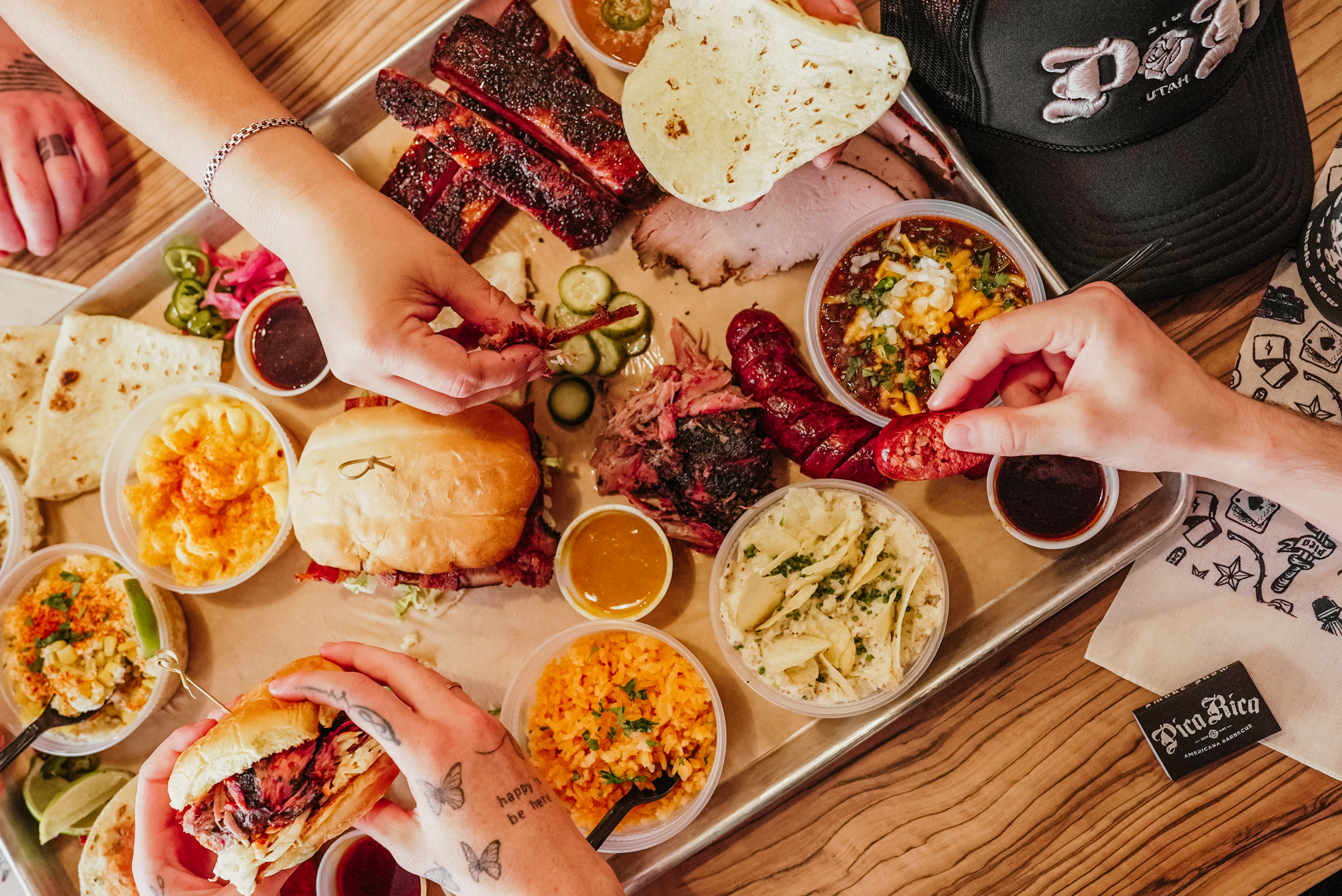 people eating tasty bbq