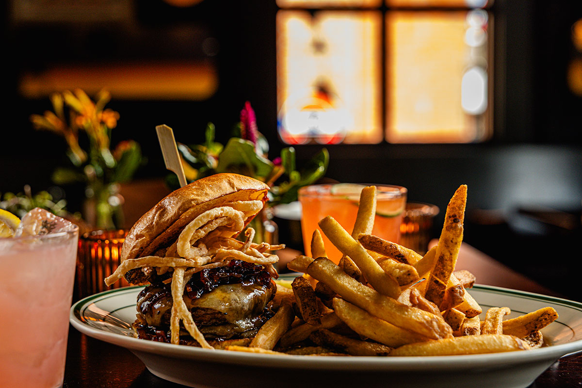 Mystic Menu Milestone Restaurant CT Table of Food Burger