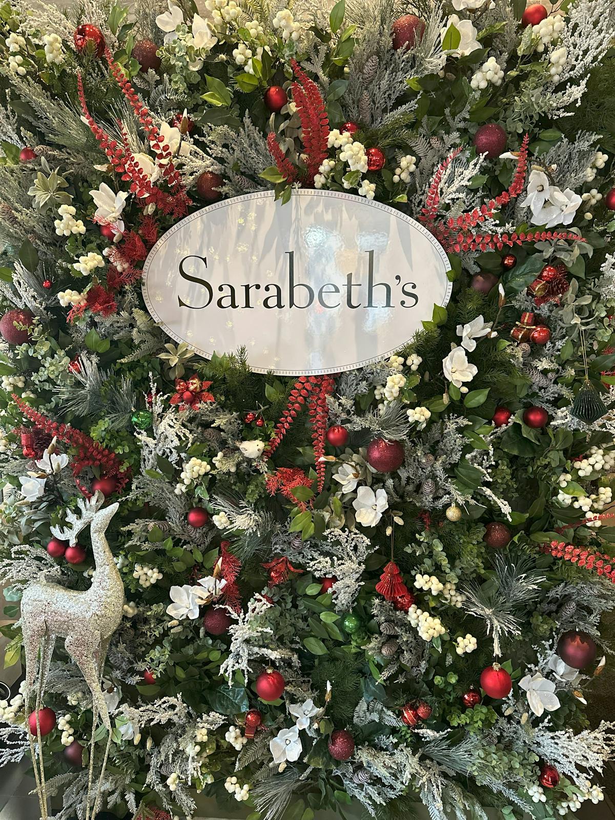 a close up of a flower garden in front of a christmas tree
