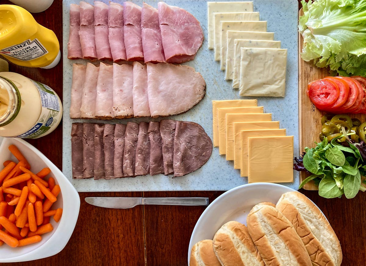 a box filled with different types of food on a table