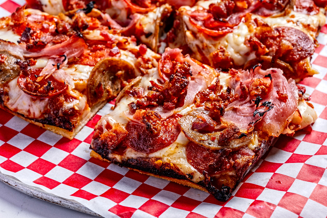 grandma style square cut thick crust pizza