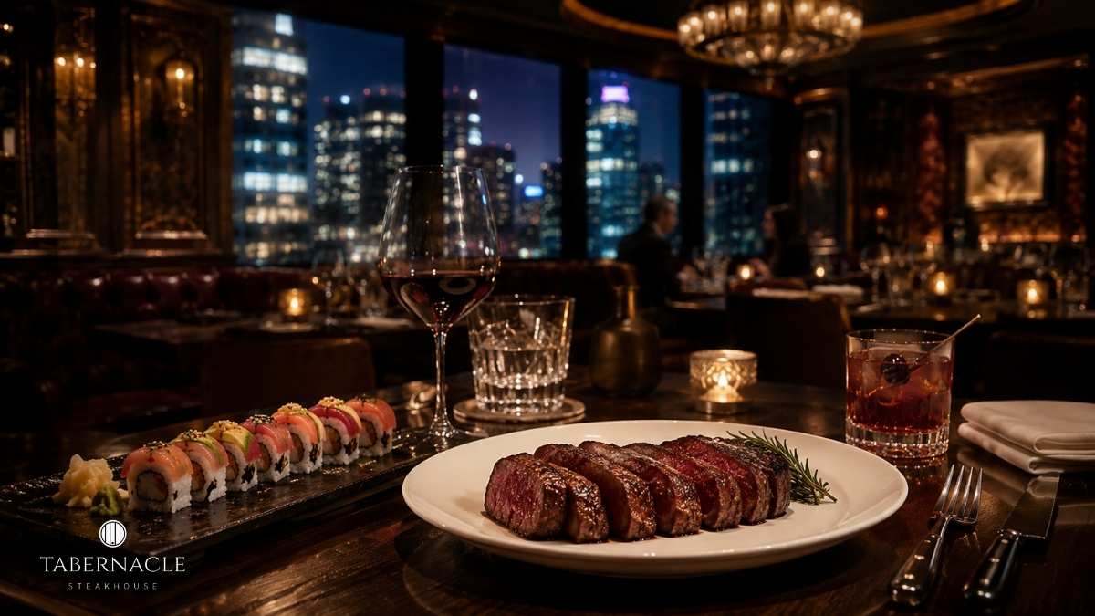Kosher fine dining Manhattan restaurant with steak, sushi, and wine at night