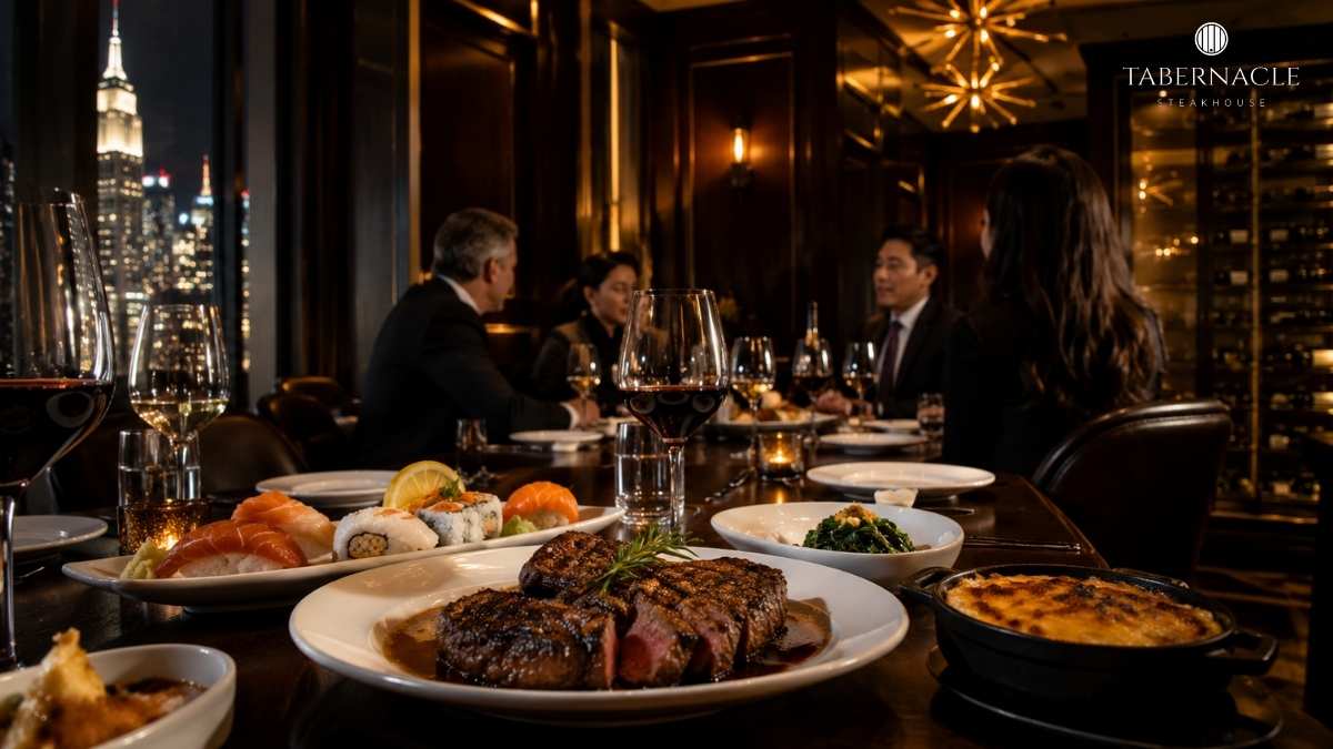 Corporate group enjoying private dining in Manhattan with steak and city views