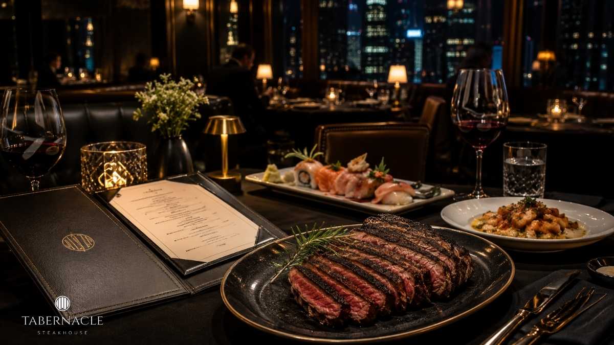 a plate of steak and sushi on a table