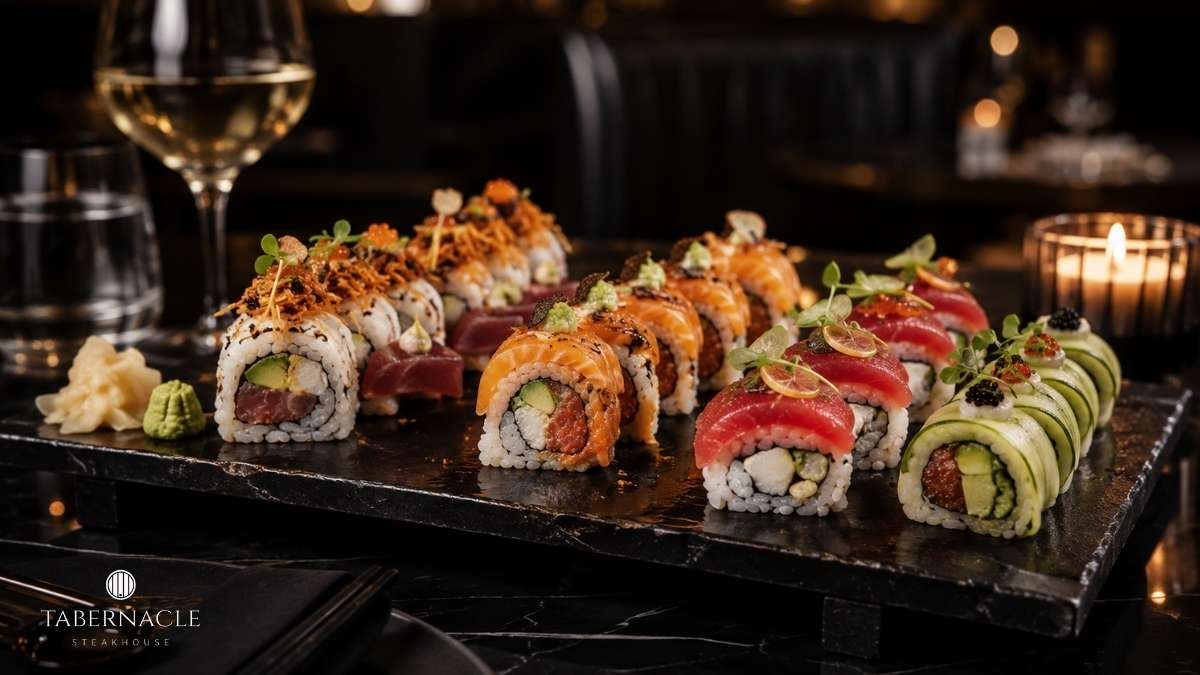 Kosher sushi rolls Manhattan platter with tuna, salmon, and avocado