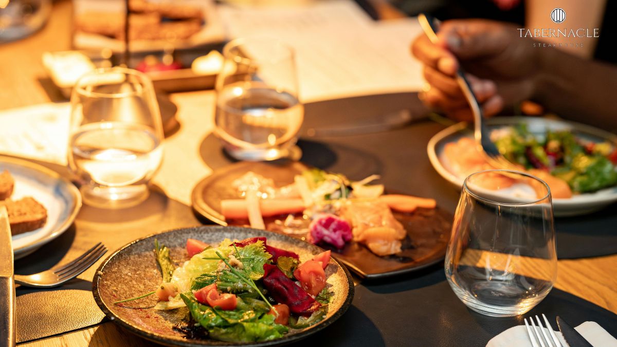 Fresh salads and sushi served at a kosher Shabbat dinner in Manhattan at Tabernacle Steakhouse, W 36th Street