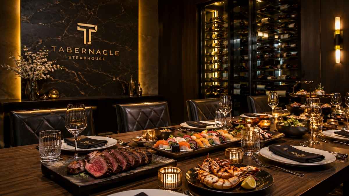 kosher-NYC-private-dining-room-with-steak-sushi-seafood-spread